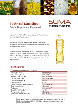 Technical Date Sheet
Crude Degummed Rapeseed

Rapeseed oil is obtained from rapeseed crushed. The aceie has a
color from light yellow to brown.


Rapeseed oil is used for seasoning and lighting. It is a viscous
texture and color pardoscuro before becoming refined, this oil can
be separated solid stearin.


Is composed mainly of erucic acid (45-54%), linoleic acid (10-19%),
vitamin E (55-80 mg per 100 g) and linolenic acid (5-9%). Currently
obtaining studied rapeseed oil Erucic acid free. These new types of
oil are called "canola" or "double zero rape", also for its low level
of glucosinolates.




  Key Features
  Crude Degummed Rapeseed (DIN 51605)
  Density (at 15º C)                                     900-930 kg/m3
  Flash point by P. –M                                   min 220 oc
  Kinematic viscosity (40º C)                            max 36 mm2/s
  Calorific value, lower                                 min 36000 kj/kg
  Cetane number (DCN)                                    min 39
  Carbon residue                                         0.4%
  Lodine value:max 95-125 g/100 g                        95-125 g/100 g
  Total contamination                                    10 mg/kg
  Acid value                                             max 1mg koh/g
  Oxidation stability 110º C                             min 6 h
  Phosphorus content                                     10 mg/kg
  Earth alkali content (Ca + Mg)                         max 20 mg/kg


            Suma Export Trading, SL | B65065682 | Calle Sant Gervasi de Cassoles, 84. Es A, 1º
            08022 Barcelona (Spain)| Telf.: +34932 118 482 | comercial@sumaexport.com
            www.sumaexport.com
 
