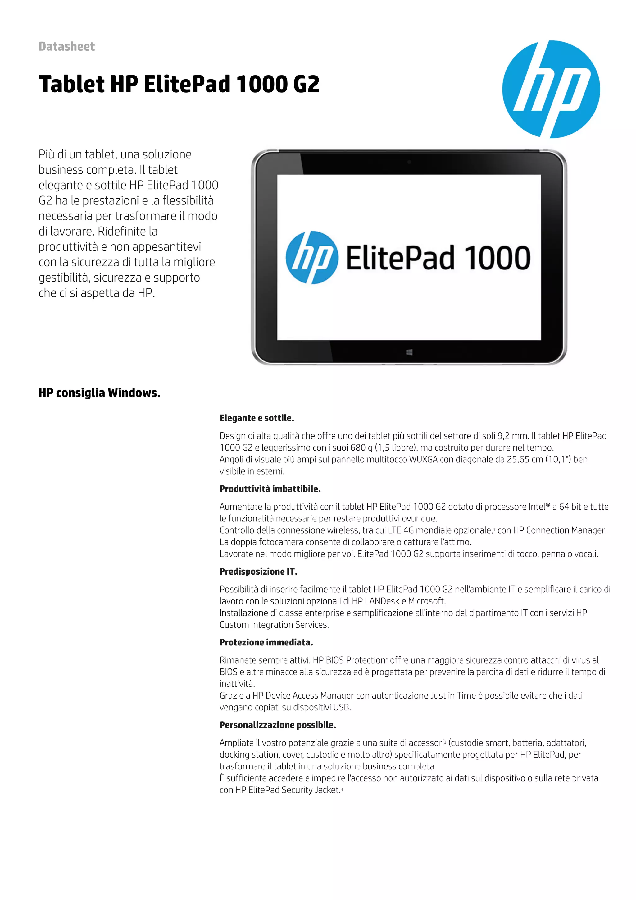 Tablette HP Elitepad 1000 G2 – Windows 10, 10,1 Pouces, Pour Pièces (batterie HS)