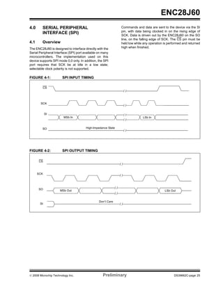 ENC28J60
4.0      SERIAL PERIPHERAL                                     Commands and data are sent to the device via the SI
                                                               pin, with data being clocked in on the rising edge of
         INTERFACE (SPI)                                       SCK. Data is driven out by the ENC28J60 on the SO
                                                               line, on the falling edge of SCK. The CS pin must be
4.1      Overview                                              held low while any operation is performed and returned
The ENC28J60 is designed to interface directly with the        high when finished.
Serial Peripheral Interface (SPI) port available on many
microcontrollers. The implementation used on this
device supports SPI mode 0,0 only. In addition, the SPI
port requires that SCK be at Idle in a low state;
selectable clock polarity is not supported.

FIGURE 4-1:            SPI INPUT TIMING

         CS




        SCK


            SI
                        MSb In                                               LSb In


         SO                             High-Impedance State




FIGURE 4-2:            SPI OUTPUT TIMING

      CS



      SCK




      SO              MSb Out                                                               LSb Out


                                                 Don’t Care
       SI




© 2008 Microchip Technology Inc.                    Preliminary                                    DS39662C-page 25
 