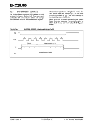 ENC28J60
4.2.7        SYSTEM RESET COMMAND                             The command is started by pulling the CS pin low. The
                                                              SRC opcode is the sent, followed by a 5-bit Soft Reset
The System Reset Command (SRC) allows the host
                                                              command constant of 1Fh. The SRC operation is
controller to issue a System Soft Reset command.
                                                              terminated by raising the CS pin.
Unlike other SPI commands, the SRC is only a single
byte command and does not operate on any register.            Figure 4-7 shows a detailed illustration of the System
                                                              Reset Command sequence. For more information on
                                                              SRC’s Soft Reset, refer to Section 11.2 “System
                                                              Reset”.


FIGURE 4-7:          SYSTEM RESET COMMAND SEQUENCE

        CS


                     0       1          2    3         4        5           6       7
     SCK


                         Opcode                       Data Constant (1Fh)

        SI          1       1       1       1         1        1       1        1



                                            High-Impedance State
        SO




DS39662C-page 30                                 Preliminary                            © 2008 Microchip Technology Inc.
 