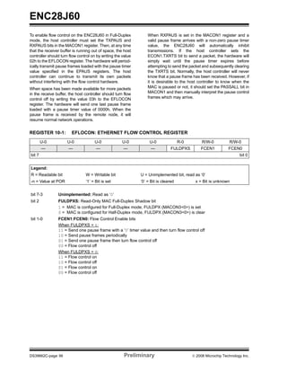 ENC28J60
To enable flow control on the ENC28J60 in Full-Duplex             When RXPAUS is set in the MACON1 register and a
mode, the host controller must set the TXPAUS and                 valid pause frame arrives with a non-zero pause timer
RXPAUS bits in the MACON1 register. Then, at any time             value, the ENC28J60 will automatically inhibit
that the receiver buffer is running out of space, the host        transmissions. If the host controller sets the
controller should turn flow control on by writing the value       ECON1.TXRTS bit to send a packet, the hardware will
02h to the EFLOCON register. The hardware will period-            simply wait until the pause timer expires before
ically transmit pause frames loaded with the pause timer          attempting to send the packet and subsequently clearing
value specified in the EPAUS registers. The host                  the TXRTS bit. Normally, the host controller will never
controller can continue to transmit its own packets               know that a pause frame has been received. However, if
without interfering with the flow control hardware.               it is desirable to the host controller to know when the
When space has been made available for more packets               MAC is paused or not, it should set the PASSALL bit in
in the receive buffer, the host controller should turn flow       MACON1 and then manually interpret the pause control
control off by writing the value 03h to the EFLOCON               frames which may arrive.
register. The hardware will send one last pause frame
loaded with a pause timer value of 0000h. When the
pause frame is received by the remote node, it will
resume normal network operations.


REGISTER 10-1:          EFLOCON: ETHERNET FLOW CONTROL REGISTER
        U-0           U-0            U-0             U-0           U-0               R-0        R/W-0          R/W-0
        —             —               —               —             —           FULDPXS        FCEN1           FCEN0
bit 7                                                                                                                bit 0


Legend:
R = Readable bit                W = Writable bit              U = Unimplemented bit, read as ‘0’
-n = Value at POR               ‘1’ = Bit is set              ‘0’ = Bit is cleared          x = Bit is unknown


bit 7-3         Unimplemented: Read as ‘0’
bit 2           FULDPXS: Read-Only MAC Full-Duplex Shadow bit
                1 = MAC is configured for Full-Duplex mode, FULDPX (MACON3<0>) is set
                0 = MAC is configured for Half-Duplex mode, FULDPX (MACON3<0>) is clear
bit 1-0         FCEN1:FCEN0: Flow Control Enable bits
                When FULDPXS = 1:
                11 = Send one pause frame with a ‘0’ timer value and then turn flow control off
                10 = Send pause frames periodically
                01 = Send one pause frame then turn flow control off
                00 = Flow control off
                When FULDPXS = 0:
                11 = Flow control on
                10 = Flow control off
                01 = Flow control on
                00 = Flow control off




DS39662C-page 56                                      Preliminary                          © 2008 Microchip Technology Inc.
 
