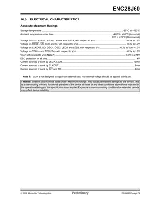 ENC28J60
16.0        ELECTRICAL CHARACTERISTICS

Absolute Maximum Ratings
Storage temperature ...............................................................................................................................-65°C to +150°C
Ambient temperature under bias............................................................................................. -40°C to +85°C (Industrial)
                                                                                                                          0°C to +70°C (Commercial)
Voltage on VDD, VDDOSC, VDDPLL, VDDRX and VDDTX, with respect to VSS ................................................. -0.3V to 3.6V
Voltage on RESET, CS, SCK and SI, with respect to VSS ........................................................................... -0.3V to 6.0V
Voltage on CLKOUT, SO, OSC1, OSC2, LEDA and LEDB, with respect to VSS ...............................-0.3V to VDD + 0.3V
Voltage on TPIN+/- and TPOUT+/- with respect to VSS ............................................................................... -0.3V to 5.0V
VCAP with respect to VSS (Note 1) ............................................................................................................. -0.3V to 2.75V
ESD protection on all pins.......................................................................................................................................... 2 kV
Current sourced or sunk by LEDA, LEDB ...............................................................................................................12 mA
Current sourced or sunk by CLKOUT .......................................................................................................................8 mA
Current sourced or sunk by INT and SO...................................................................................................................4 mA


   Note 1: VCAP is not designed to supply an external load. No external voltage should be applied to this pin.

 † Notice: Stresses above those listed under “Maximum Ratings” may cause permanent damage to the device. This
 is a stress rating only and functional operation of the device at those or any other conditions above those indicated in
 the operational listings of this specification is not implied. Exposure to maximum rating conditions for extended periods
 may affect device reliability.




© 2008 Microchip Technology Inc.                                        Preliminary                                                            DS39662C-page 79
 