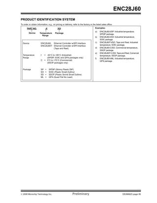 ENC28J60
APPENDIX A:            REVISION HISTORY

Revision A
Original data sheet for the ENC28J60.

Revision B (July 2006)

Revision C (January 2008)
Added one line to “Ethernet Controller Features” and
added omitted revision history. Minor edits to text
throughout document.




© 2008 Microchip Technology Inc.                Preliminary     DS39662C-page 89
 