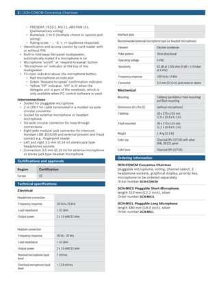 – PRESENT, YES(+), NO (-), ABSTAIN (X),
(parliamentary voting)
– Numerals: 1 to 5 (multiple choice or opinion poll
voting)
– Rating scale: - -, - 0, +, ++ (audience response)
• Identification and access control by card reader with
or without PIN
• Built-in fold-away flat-panel loudspeaker,
automatically muted if a microphone is on
• Microphone ‘on/off ’ or ‘request-to-speak’ button
• ‘Microphone on’ indicator at the top of the
loudspeaker
• Tri-color indicator above the microphone button:
– Red microphone on indicator
– Green ‘Request-to-speak’ confirmation indicator
– Yellow ‘VIP’ indicator. ‘VIP’ is lit when the
delegate unit is part of the notebook, which is
only available when PC control software is used
Interconnections
• Socket for pluggable microphone
• 2 m (78.7 in) cable terminated in a molded six-pole
circular connector
• Socket for external microphone or headset
microphone
• Six-pole circular connector for loop-through
connections
• Eight-pole modular jack connector for Intercom
Handset LBB 3555/00 and external present and fraud
contact e.g., fingerprint reader
• Left and right 3.5 mm (0.14 in) stereo jack type
headphones sockets
• Connection 3.5 mm (0.14 in) for external microphone
or stereo jack type headset microphone
Certifications and approvals
Region Certification
Europe CE
Technical specifications
Electrical
Headphone connection
Frequency response 30 Hz to 20 kHz
Load impedance > 32 ohm
Output power 2 x 15 mW/32 ohm
Headset connection
Frequency response 30 Hz - 20 kHz
Load impedance > 32 ohm
Output power 2 x 15 mW/32 ohm
Nominal microphone input
level
7 mVrms
Overload microphone input
level
> 124 mVrms
Interface data
Recommended external microphone type (or headset microphone)
Element Electret-condenser
Polar pattern Omni directional
Operating voltage 5 VDC
Sensitivity 62 dB at 1200 ohm (0 dB = 1 V/mbar
at 1 kHz)
Frequency response 100 Hz to 14 kHz
Connector 3.5 mm (0.14 in) jack mono or stereo
Mechanical
Mounting Tabletop (portable or fixed mounting)
and flush mounting
Dimensions (H x W x D) (without microphone)
Tabletop 50 x 275 x 155 mm
(2.0 x 10.8 x 6.1 in)
Flush mounted 30 x 275 x 155 mm
(1.2 x 10.8 x 6.1 in)
Weight 1.4 kg (3.1 lb)
Color top Charcoal (PH 10736) with silver
(RAL 9022) panel
Color base Charcoal (PH 10736)
Ordering information
DCN‑CONCM Concentus Chairman
pluggable microphone, voting, channel select, 2
headphone sockets, graphical display, priority key,
microphone to be ordered separately
Order number DCN-CONCM
DCN‑MICS Pluggable Short Microphone
length 310 mm (12.2 inch), silver
Order number DCN-MICS
DCN‑MICL Pluggable Long Microphone
length 480 mm (18.9 inch), silver
Order number DCN-MICL
2 | DCN‑CONCM Concentus Chairman
 