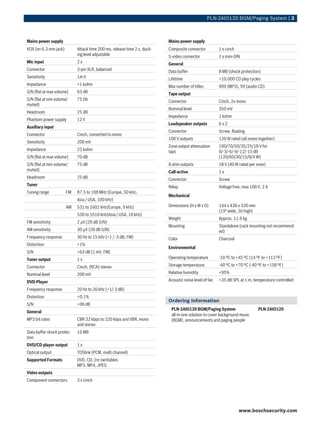 PLN‑2AIO120 BGM/Paging System | 3



Mains power supply                                                        Mains power supply
VOX (on 6.3 mm jack)        Attack time 200 ms, release time 2 s, duck-   Composite connector           1 x cinch
                            ing level adjustable                          S-video connector             1 x mini-DIN
Mic input                   2x                                            General
Connector                   3-pin XLR, balanced                           Data buffer                   8 MB (shock protection)
Sensitivity                 1m V                                          Lifetime                      >10.000 CD play cycles
Impedance                   >1 kohm                                       Max number of titles          999 (MP3), 99 (audio CD)
S/N (flat at max volume)    63 dB                                         Tape output
S/N (flat at min volume/    75 Db                                         Connector                     Cinch, 2x mono
muted)
                                                                          Nominal level                 350 mV
Headroom                    25 dB
                                                                          Impedance                     1 kohm
Phantom power supply        12 V
                                                                          Loudspeaker outputs           6x2
Auxiliary input
                                                                          Connector                     Screw, floating
Connector                   Cinch, converted to mono
                                                                          100 V outputs                 120 W rated (all zones together)
Sensitivity                 200 mV
                                                                          Zone output attenuation       100/70/50/35/25/18 V for
Impedance                   22 kohm                                       taps                          0/‑3/‑6/‑9/‑12/‑15 dB
S/N (flat at max volume)    70 dB                                                                       (120/60/30/15/8/4 W)
S/N (flat at min volume/    75 dB                                         8 ohm outputs                 18 V (40 W rated per zone)
muted)                                                                    Call-active                   1x
Headroom                    25 dB                                         Connector                     Screw
Tuner                                                                     Relay                         Voltage free, max 100 V, 2 A
Tuning range           FM   87.5 to 108 MHz (Europe, 50 kHz;
                                                                          Mechanical
                            Asia / USA, 100 kHz)
                       AM   531 to 1602 kHz(Europe, 9 kHz)                Dimensions (H x W x D)        144 x 430 x 320 mm
                                                                                                        (19" wide, 3U high)
                            530 to 1610 kHz(Asia / USA, 10 kHz)
                                                                          Weight                        Approx. 11.6 kg
FM sensitivity              2 µV (26 dB S/N)
                                                                          Mounting                      Standalone (rack mounting not recommend-
AM sensitivity              30 µV (20 dB S/N)                                                           ed)
Frequency response          30 Hz to 15 kHz (+1 / -3 dB, FM)              Color                         Charcoal
Distortion                  <1%
                                                                          Environmental
S/N                         >63 dB (1 mV, FM)
Tuner output                1x                                            Operating temperature         -10 ºC to +45 ºC (14 ºF to +113 ºF)

Connector                   Cinch, (RCA) stereo                           Storage temperature           -40 ºC to +70 ºC (-40 ºF to +158 ºF)

Nominal level               200 mV                                        Relative humidity             <95%

DVD-Player                                                                Acoustic noise level of fan   <35 dB SPL at 1 m, temperature controlled

Frequency response          20 Hz to 20 kHz (+1/-3 dB)
Distortion                  <0.1%
                                                                          Ordering Information
S/N                         >96 dB
                                                                           PLN‑2AIO120 BGM/Paging System                      PLN-2AIO120
General
                                                                           all-in-one solution to cover background music
MP3 bit rates               CBR 32 kbps to 320 kbps and VBR, mono          (BGM), announcements and paging people
                            and stereo
Data buffer shock protec-   16 MB
tion
DVD/CD player output        1x
Optical output              TOSlink (PCM, multi channel)
Supported Formats           DVD, CD, (re-)writables
                            MP3, MP4, JPEG
Video outputs
Component connectors        3 x cinch




                                                                                                                    www.boschsecurity.com
 