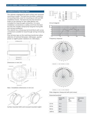 2 | LB1-UM06E-1 Metal Cabinet Loudspeaker



Installation/Configuration Notes                                                                                                                                                                                         C                 C
                                                                                                                                                                                                                        6W                 -
The cabinet is designed for both surface and recessed                                                                                                                                                                   3W             6W
mounting on walls. The back box provides a selection                                                                                                                                                                   1.5W   3W
                                                                                                                                                                                                                                                                                                             4

of mounting holes, even for mounting on U40 and MK                                                                                                                                                                     0.75W 1.5W

installation boxes. The back box has two knockout                                                                                                                                                                         -  0.75W
                                                                                                                                                                                                                       70V            100V
holes on the topside for two cable glands (not
included) for loop-through connection. For extra                                                                                                                     Circuit diagram
installation convenience, a safety cord from the back




                                                                                                                                                                     dB SPL
                                                                                                                                                                              110

box lets the installer temporarily hang the front grille
                                                                                                                                                                              100
unit during installation.
The cabinet has a three-way terminal block with screw                                                                                                                         90


connections suitable for loop-through wiring (including                                                                                                                       80


earth).                                                                                                                                                                       70

Four primary taps on the matching transformer allow                                                                                                                           60

selection of nominal full-power, half-power, quarter-
                                                                                                                                                                                    10                                   100                                  1000                               10000              100000



power or eighth power radiation (in 3 dB steps).                                                                                                                     Frequency response
                                                                                                                                                                                                                                           0
                                      199 mm (7.8")                                                                                                                                                                    340
                                                                                                                                                                                                                               350                10
                                                                                                                                                                                                                                                        20
                                                                                                                                                                                                                                      5
                                                                                                                                                                                                                 330                                            30
                                                                                                                                                                                                           320                        0                               40

                                                                                                                                                                                                     310                                                                    50
                                                                                                           61.5 mm (2.4")




                                                                                                                                                                                                                                      -5

                                                                                                                                                                                               300                                   -10                                          60

                                                                                                                                                                                                                                     -15
                                                                                                                                           105 mm (4.1")




                                                                                                                                                                                           290                                                                                         70

                                                                                                                                                                                                                                     -20
                                                                                                                                                                                         280                                                                                            80
                                                                                                                                                                                                                                     -25
                                                                                                                                                                                         270                                                                                            90
                                                                                                                                                                                                                                     -30
                                                                                                                                                                                         260                                                                                            100

                                                                                                                                                                                           250                                                                                         110

                                                                                                                                                                                               240                                                                                120

                                                                                                                                                                                                     230                                                                    130
                                     170 mm (6.7")
                                                                                                                                                                                                           220                                                        140
                                     196 mm (7.7")                                                                                                                                                               210                                            150
                                                                                                                                                                                                                       200                              160
                                                                                                                                                                                                                               190                170
                                                                                                                                                                                                                                           180

Dimensions in mm (in)
                                                                                                                                                                                                     1000              2000                4000          8000
                                                       4 mm (0.15")
               4.8 mm (0.2")
                                                                                                                                                                                                                               350         0      10
                                                                                                                                                                                                                       340                              20
                                                                                            36 mm (1.4")




                                                                                                                                                                                                                                       5
                                                                                                                                                                                                                 330                                            30
    20 mm (0.7")                                                                                                                                                                                                                       0
                                                                                                                                                                                                           320                                                        40
                                                                             7 mm (0.27")




                                                                                                                                                                                                     310                              -5                                    50
                                                                                                                                                     115 mm (4.5")




                                                                                                                                                                                               300                                   -10                                          60
                                                                                                                            60 mm (2.3")




                                                                                                                                                                                          290                                        -15                                               70
10 mm (0.3")




                                                                                                                                                                                                                                     -20
                                                                                                                                                                                         280                                                                                            80
                                                                                                                                                                                                                                     -25
                                                6 mm (0.23")                                                                                                                             270                                                                                                90
                                                                                                                                                                                                                                     -30

                                                                                                                                                                                         260                                                                                            100

                                                                                                                                                                                          250                                                                                          110
                  20                                                         ")
                       mm                                                (0.7
                            (0.7                                    mm
                                ")                             20                                                                                                                              240                                                                                120

                                                                                                                                                                                                     230                                                                    130

                                                                                                                                                                                                           220                                                        140
                                        60 mm (2.3")                                                                                                                                                             210                                            150
                                                                                                                                                                                                                       200                              160
                                                                                                                                                                                                                               190                170
                                                                                                                                                                                                                                           180
Rear / Installation dimensions in mm (in)
                                                                                                                                                                                                      125               250                 500              1000



                                                                                                                                                                     Polar diagrams (measured with pink noise)

                                                                                                                                                                     Octave band sensitivity *

                                                                                                                                                                                                                       Octave SPL                              Total octave                              Total octave
                                                                                                                                                                                                                       1W/m                                    SPL                                       SPL
                                                                                                                                                                                                                                                               1W/m                                      Pmax/m

                                                                                                                                                                     125 Hz                                            73.3                                    -                                         -

                                                                                                                                                                     250 Hz                                            90.4                                    -                                         -
Surface mounted (left) and recessed mounted (right)
                                                                                                                                                                     500 Hz                                            89.0                                    -                                         -

                                                                                                                                                                     1000 Hz                                           86.0                                    -                                         -
 