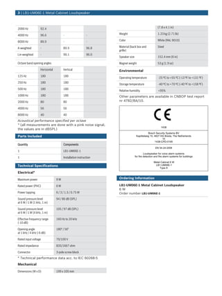 3 | LB1-UM06E-1 Metal Cabinet Loudspeaker



2000 Hz            92.4                                                                              (7.8 x 4.1 in)

4000 Hz            96.6               -                   -      Weight                              1.23 kg (2.71 lb)

8000 Hz            89.9               -                   -      Color                               White (RAL 9010)

A-weighted         -                  89.9                96.8   Material (back box and              Steel
                                                                 grille)
Lin-weighted       -                  90.1                96.0
                                                                 Speaker size                        152.4 mm (6 in)
Octave band opening angles                                       Magnet weight                       53 g (1.9 oz)
                   Horizontal         Vertical                   Environmental
125 Hz             180                180
                                                                 Operating temperature                -25 ºC to +55 ºC (-13 ºF to +131 ºF)
250 Hz             180                180
                                                                 Storage temperature                  -40 ºC to +70 ºC (-40 ºF to +158 ºF)
500 Hz             180                180
                                                                 Relative humidity                    <95%
1000 Hz            180                180                        Other parameters are available in CNBOP test report
2000 Hz            80                 80                         nr 4782/BA/10.

4000 Hz            56                 56

8000 Hz            40                 40
Acoustical performance specified per octave
* (all measurements are done with a pink noise signal;
                                                                                                        1438
the values are in dBSPL)
                                                                                           Bosch Security Systems BV
Parts Included                                                                   Kapittelweg 10, 4827 HG Breda, The Netherlands
                                                                                                       10
                                                                                                 1438-CPD-0195
Quantity                              Components
                                                                                                   EN 54-24:2008
1                                     LB1‑UM06E‑1
                                                                                         Loudspeaker for voice alarm systems
1                                     Installation instruction                  for fire detection and fire alarm systems for buildings

                                                                                                 Metal Cabinet 6 W
Technical Specifications                                                                          LB1-UM06E-1
                                                                                                      Type A
Electrical*

Maximum power                   9W                               Ordering Information

Rated power (PHC)               6W                               LB1-UM06E-1 Metal Cabinet Loudspeaker
                                                                 6W
Power tapping                   6 / 3 / 1.5 / 0.75 W             Order number LB1-UM06E-1
Sound pressure level            94 / 86 dB (SPL)
at 6 W / 1 W (1 kHz, 1 m)

Sound pressure level            105 / 97 dB (SPL)
at 6 W / 1 W (4 kHz, 1 m)

Effective frequency range       160 Hz to 20 kHz
(-10 dB)

Opening angle                   180° / 56°
at 1 kHz / 4 kHz (-6 dB)

Rated input voltage             70/100 V

Rated impedance                 835/1667 ohm

Connector                       3‑pole screw block
* Technical performance data acc. to IEC 60268‑5
Mechanical

Dimensions (W x D)              199 x 105 mm
 
