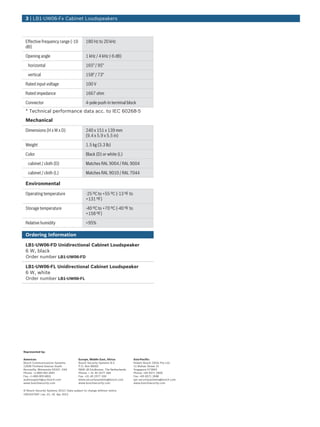 3 | LB1‑UW06‑Fx Cabinet Loudspeakers



 Effective frequency range (-10               180 Hz to 20 kHz
 dB)

 Opening angle                                1 kHz / 4 kHz (-6 dB)

   horizontal                                 165° / 95°

   vertical                                   158° / 73°

 Rated input voltage                          100 V

 Rated impedance                              1667 ohm

 Connector                                    4-pole push-in terminal block
 * Technical performance data acc. to IEC 60268-5
 Mechanical

 Dimensions (H x W x D)                       240 x 151 x 139 mm
                                              (9.4 x 5.9 x 5.5 in)

 Weight                                       1.5 kg (3.3 lb)

 Color                                        Black (D) or white (L)

   cabinet / cloth (D)                        Matches RAL 9004 / RAL 9004

   cabinet / cloth (L)                        Matches RAL 9010 / RAL 7044

 Environmental

 Operating temperature                        -25 ºC to +55 ºC (-13 ºF to
                                              +131 ºF)

 Storage temperature                          -40 ºC to +70 ºC (-40 ºF to
                                              +158 ºF)

 Relative humidity                            <95%

 Ordering Information

 LB1‑UW06‑FD Unidirectional Cabinet Loudspeaker
 6 W, black
 Order number LB1-UW06-FD

 LB1‑UW06‑FL Unidirectional Cabinet Loudspeaker
 6 W, white
 Order number LB1-UW06-FL




Represented by:

Americas:                               Europe, Middle East, Africa:         Asia-Pacific:
Bosch Communications Systems            Bosch Security Systems B.V.          Robert Bosch (SEA) Pte Ltd
12000 Portland Avenue South             P.O. Box 80002                       11 Bishan Street 21
Burnsville, Minnesota 55337, USA        5600 JB Eindhoven, The Netherlands   Singapore 573943
Phone: +1-800-392-3497                  Phone: + 31 40 2577 284              Phone: +65 6571 2600
Fax: +1-800-955-6831                    Fax: +31 40 2577 330                 Fax: +65 6571 2698
audiosupport@us.bosch.com               emea.securitysystems@bosch.com       apr.securitysystems@bosch.com
www.boschsecurity.com                   www.boschsecurity.com                www.boschsecurity.com

© Bosch Security Systems 2012 | Data subject to change without notice
1901527947 | en, V1, 16. Apr 2012
 