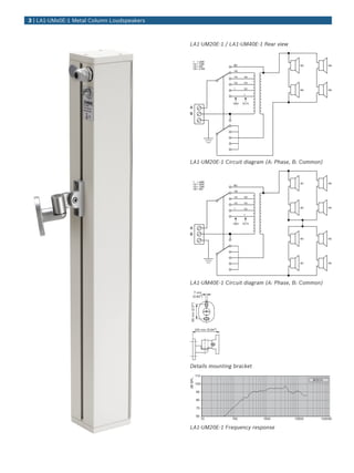3 | LA1‑UMx0E‑1 Metal Column Loudspeakers



                                            LA1-UM20E-1 / LA1-UM40E-1 Rear view


                                                    1 = 20W
                                                    1/2 = 10W                   8Ω
                                                    1/4 = 5W                                            8Ω           8Ω
                                                    1/8 = 2.5W
                                                                                1/8

                                                                                1/4    1/8

                                                                                1/2    1/4

                                                                                1      1/2              8Ω           8Ω
                                                                                       1


                                                                               100V   70.7V
                                            A
                                            B




                                            LA1-UM20E-1 Circuit diagram (A: Phase, B: Common)


                                                    1 = 40W
                                                    1/2 = 20W                                           4Ω           4Ω
                                                                                8Ω
                                                    1/4 = 10W
                                                    1/8 = 5W
                                                                                1/8

                                                                                1/4    1/8

                                                                                1/2    1/4

                                                                                1      1/2              4Ω           4Ω

                                                                                       1


                                                                               100V   70.7V
                                            A
                                            B
                                                                                                        4Ω           4Ω




                                                                                                        4Ω           4Ω




                                            LA1-UM40E-1 Circuit diagram (A: Phase, B: Common)
                                                    7 mm
                                                   (0.82")
                                              55 mm (2.17")




                                                              100 mm (3.94")




                                            Details mounting bracket
                                                              110
                                            dB SPL




                                                                                                             BOSCH
                                                              100

                                                              90

                                                              80

                                                               70

                                                              60
                                                                    10         100            1000   10000       100000

                                            LA1-UM20E-1 Frequency response
 