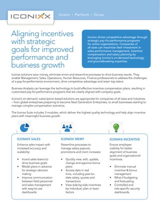 Incent Perform Grow
Aligning incentives
with strategic
goals for improved
performance and
business growth
Iconixx solutions save money, eliminate errors and streamline processes to drive business results. They
enable Management, Sales, Operations, Human Resources, Finance professionals to address the challenges
of a pay-for-performance environment, drive competitive advantage and retain top talent.
Business Analysts can leverage the technology to build effective incentive compensation plans, resulting in
customized pay-for-performance programs that are clearly aligned with company goals.
Iconixx’s on-demand, subscription-based solutions are appropriate for companies of all sizes and industries
– from global enterprises preparing to become Next Generation Enterprises, to small businesses starting to
manage complex compensation scenarios.
The Iconixx Suite includes 3 modules, which deliver the highest quality technology and help align incentive
plans with meaningful business growth.
Enhance sales impact with
increased accuracy and
scalability:
•	 Incent sales teams to
drive business goals
•	 Model plans in advance
for strategic decision
making
•	 Improve communication
between field personnel
and sales management
with easy-to-use
dashboards
Streamline processes to
manage salary payouts,
promotions and merit increases:
•	 Quickly view, edit, update,
change and approve bonus
plans
•	 Access data in real
time, including year-to-
date salary, quotas and
transactions
•	 View side-by-side incentives
by individual, plan or team
factors
Ensure employee
visibility for better
alignment of business
goals and organizational
incentives.
•	 Eliminate manual
incentive & bonus
management
•	 What-if budgeting
and forecasting
•	 Controlled and
role-specific security
dashboards.
ICONIXX SALES ICONIXX MERIT ICONIXX INCENTIVE
Iconixx drives competitive advantage through
strategic pay-for-performance programs
for entire organizations. Companies of
all sizes can maximize their investment in
sales performance management, incentive
compensation and salary planning by
leveraging Iconixx’s on-demand technology
and groundbreaking expertise.
 