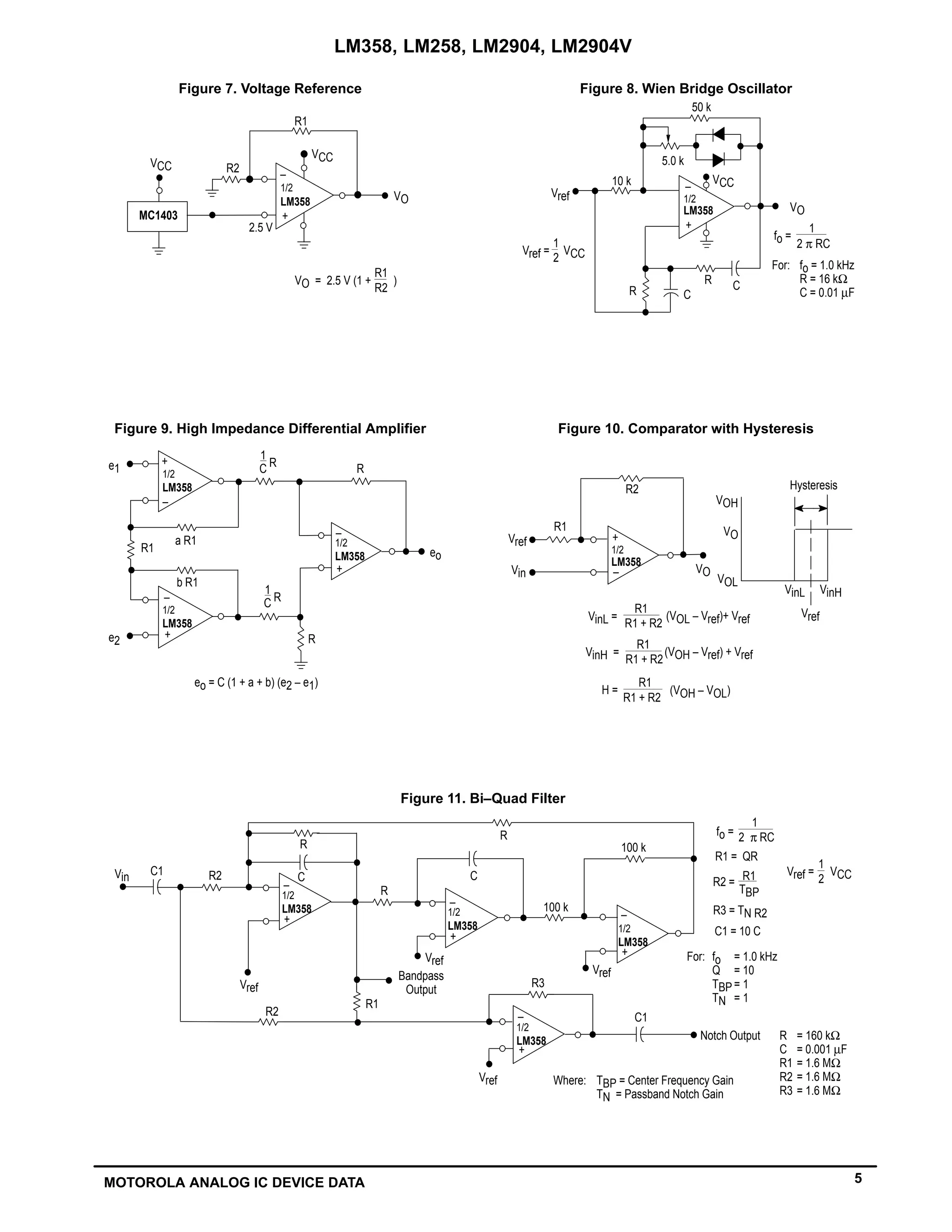 LM358, LM258, LM2904, LM2904V
5MOTOROLA ANALOG IC DEVICE DATA
R1
2
1
R1
TBP
R1 + R2
R1
R1 + R2
1
Figure 7. Voltage Reference Figure 8. Wien Bridge Oscillator
Figure 9. High Impedance Differential Amplifier Figure 10. Comparator with Hysteresis
Figure 11. Bi–Quad Filter
MC1403
1/2
LM358
–
+
R1
VCC
VCC
VO
2.5 V
R2
50 k
10 k
Vref
Vref = VCC2
5.0 k
R C
R C
+
1/2
LM358
–
VO
2 π RC
1
For: fo = 1.0 kHz
R = 16 kΩ
C = 0.01 µF
eo
e1
e2
eo = C (1 + a + b) (e2 – e1)
R1
a R1
b R1
R
C R
–
+
1/2
LM358
+
–
–
+ R
1/2
LM358
+
–
R1
R2
VO
Vref
Vin
VOH
VO
VOL
VinL =
R1
(VOL – Vref)+ Vref
VinH = (VOH – Vref) + Vref
H =
R1 + R2
(VOH – VOL)
R1
–
+
–
+
–
+
R
C
R2
R3
C1
100 k
R
C
R
C1 R2
100 k
Vin
Vref
Vref
Vref
Vref
Bandpass
Output
fo = 2 π RC
R1 = QR
R2 =
R3 = TN R2
C1 = 10 C
1
Notch Output
Vref = VCC
VO = 2.5 V (1 +
R1
R2
)
1
VCC
fo =
Hysteresis
1/2
LM358
1/2
LM358
1
C R
VinL VinH
Vref
1/2
LM358
1/2
LM358 1/2
LM358 1/2
LM358
TBP = Center Frequency Gain
TN = Passband Notch Gain
R
C
R1
R2
R3
For:
–
+
fo
Q
TBP
TN
= 1.0 kHz
= 10
= 1
= 1
= 160 kΩ
= 0.001 µF
= 1.6 MΩ
= 1.6 MΩ
= 1.6 MΩ
Where:
 