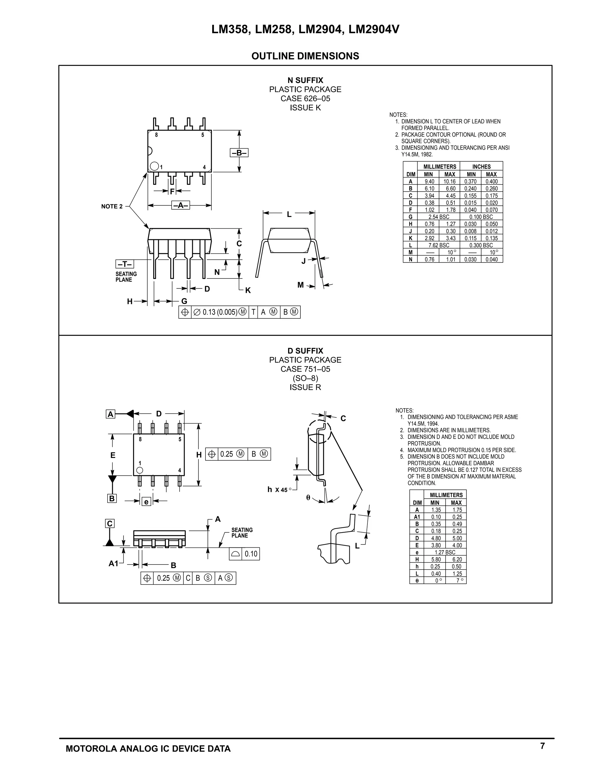 LM358, LM258, LM2904, LM2904V
7MOTOROLA ANALOG IC DEVICE DATA
OUTLINE DIMENSIONS
NOTES:
1. DIMENSION L TO CENTER OF LEAD WHEN
FORMED PARALLEL.
2. PACKAGE CONTOUR OPTIONAL (ROUND OR
SQUARE CORNERS).
3. DIMENSIONING AND TOLERANCING PER ANSI
Y14.5M, 1982.
1 4
58
F
NOTE 2 –A–
–B–
–T–
SEATING
PLANE
H
J
G
D K
N
C
L
M
MAM0.13 (0.005) B MT
DIM MIN MAX MIN MAX
INCHESMILLIMETERS
A 9.40 10.16 0.370 0.400
B 6.10 6.60 0.240 0.260
C 3.94 4.45 0.155 0.175
D 0.38 0.51 0.015 0.020
F 1.02 1.78 0.040 0.070
G 2.54 BSC 0.100 BSC
H 0.76 1.27 0.030 0.050
J 0.20 0.30 0.008 0.012
K 2.92 3.43 0.115 0.135
L 7.62 BSC 0.300 BSC
M ––– 10 ––– 10
N 0.76 1.01 0.030 0.040
_ _
D SUFFIX
PLASTIC PACKAGE
CASE 751–05
(SO–8)
ISSUE R
N SUFFIX
PLASTIC PACKAGE
CASE 626–05
ISSUE K
SEATING
PLANE
1
4
58
A0.25 M C B S S
0.25 M B M
h
q
C
X 45_
L
DIM MIN MAX
MILLIMETERS
A 1.35 1.75
A1 0.10 0.25
B 0.35 0.49
C 0.18 0.25
D 4.80 5.00
E
1.27 BSCe
3.80 4.00
H 5.80 6.20
h
0 7
L 0.40 1.25
q
0.25 0.50
__
NOTES:
1. DIMENSIONING AND TOLERANCING PER ASME
Y14.5M, 1994.
2. DIMENSIONS ARE IN MILLIMETERS.
3. DIMENSION D AND E DO NOT INCLUDE MOLD
PROTRUSION.
4. MAXIMUM MOLD PROTRUSION 0.15 PER SIDE.
5. DIMENSION B DOES NOT INCLUDE MOLD
PROTRUSION. ALLOWABLE DAMBAR
PROTRUSION SHALL BE 0.127 TOTAL IN EXCESS
OF THE B DIMENSION AT MAXIMUM MATERIAL
CONDITION.
D
E H
A
B e
BA1
C
A
0.10
 