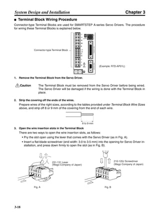 Chapter 3
3-18
System Design and Installation
■ Terminal Block Wiring Procedure
Connector-type Terminal Blocks are used for SMARTSTEP A-series Servo Drivers. The procedure
for wiring these Terminal Blocks is explained below.
1. Remove the Terminal Block from the Servo Driver.
!Caution The Terminal Block must be removed from the Servo Driver before being wired.
The Servo Driver will be damaged if the wiring is done with the Terminal Block in
place.
2. Strip the covering off the ends of the wires.
Prepare wires of the right sizes, according to the tables provided under Terminal Block Wire Sizes
above, and strip off 8 or 9 mm of the covering from the end of each wire.
3. Open the wire insertion slots in the Terminal Block
There are two ways to open the wire insertion slots, as follows:
• Pry the slot open using the lever that comes with the Servo Driver (as in Fig. A).
• Insert a flat-blade screwdriver (end width: 3.0 to 3.5 mm) into the opening for Servo Driver in-
stallation, and press down firmly to open the slot (as in Fig. B).
Connector-type Terminal Block
(Example: R7D-AP01L)
8 to 9 mm
231-131 Lever
(Wago Company of Japan)
Fig. A Fig. B
210-120J Screwdriver
(Wago Company of Japan)
 
