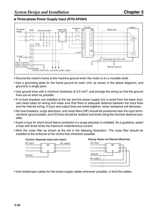 Chapter 3
3-20
System Design and Installation
● Three-phase Power Supply Input (R7D-AP08H)
• Ground the motor’s frame to the machine ground when the motor is on a movable shaft.
• Use a grounding plate for the frame ground for each Unit, as shown in the above diagrams, and
ground to a single point.
• Use ground lines with a minimum thickness of 3.5 mm2, and arrange the wiring so that the ground
lines are as short as possible.
• If no-fuse breakers are installed at the top and the power supply line is wired from the lower duct,
use metal tubes for wiring and make sure that there is adequate distance between the input lines
and the internal wiring. If input and output lines are wired together, noise resistance will decrease.
• No-fuse breakers, surge absorbers, and noise filters (NF) should be positioned near the input termi-
nal block (ground plate), and I/O lines should be isolated and wired using the shortest distance pos-
sible.
• Insert a fuse for short-circuit failure protection if a surge absorber is installed. As a guideline, select
a fuse with three times the maximum instantaneous current.
• Wire the noise filter as shown at the left in the following illustration. The noise filter should be
installed at the entrance to the control box whenever possible.
• Use twisted-pair cables for the power supply cables whenever possible, or bind the cables.
NFBAC power
supply Surge absorber Noise filter
Contactor
X1 Metal duct
Fuse
Controller power supply
Thick power line (3.5 mm2)
Machine ground
Ground plate
Ground control box
3.5 mm2
1
2
3
4
5
6E
NF
TB
L1
L2
L3
L1C
L2C
U
V
W
TB
CN2
R7D-AP@ R7M-A@
E
M
2 mm2
Class D ground
(Class 3 ground:
100 Ω or less)
Correct: Separate input and output Wrong: Noise not filtered effectively
AC outputAC input AC input
AC output
Ground
NF1
2
3
4
5
6E
NF1
2
3
4
5
6E
Ground
 
