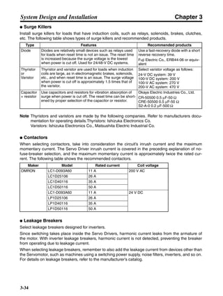 Chapter 3
3-34
System Design and Installation
● Surge Killers
Install surge killers for loads that have induction coils, such as relays, solenoids, brakes, clutches,
etc. The following table shows types of surge killers and recommended products.
Note Thyristors and varistors are made by the following companies. Refer to manufacturers docu-
mentation for operating details.Thyristors: Ishizuka Electronics Co.
Varistors: Ishizuka Electronics Co., Matsushita Electric Industrial Co.
● Contactors
When selecting contactors, take into consideration the circuit’s inrush current and the maximum
momentary current. The Servo Driver inrush current is covered in the preceding explanation of no-
fuse-breaker selection, and the maximum momentary current is approximately twice the rated cur-
rent. The following table shows the recommended contactors.
● Leakage Breakers
Select leakage breakers designed for inverters.
Since switching takes place inside the Servo Drivers, harmonic current leaks from the armature of
the motor. With inverter leakage breakers, harmonic current is not detected, preventing the breaker
from operating due to leakage current.
When selecting leakage breakers, remember to also add the leakage current from devices other than
the Servomotor, such as machines using a switching power supply, noise filters, inverters, and so on.
For details on leakage breakers, refer to the manufacturer’s catalog.
Type Features Recommended products
Diode Diodes are relatively small devices such as relays used
for loads when reset time is not an issue. The reset time
is increased because the surge voltage is the lowest
when power is cut off. Used for 24/48-V DC systems.
Use a fast-recovery diode with a short
reverse recovery time.
Fuji Electric Co., ERB44-06 or equiv-
alent
Thyristor
or
Varistor
Thyristor and varistor are used for loads when induction
coils are large, as in electromagnetic brakes, solenoids,
etc., and when reset time is an issue. The surge voltage
when power is cut off is approximately 1.5 times that of
the varistor.
Select varistor voltage as follows:
24-V DC system: 39 V
100-V DC system: 200 V
100-V AC system: 270 V
200-V AC system: 470 V
Capacitor
+ resistor
Use capacitors and resistors for vibration absorption of
surge when power is cut off. The reset time can be short-
ened by proper selection of the capacitor or resistor.
Okaya Electric Industries Co., Ltd.
CR-50500 0.5 µF-50 Ω
CRE-50500 0.5 µF-50 Ω
S2-A-0 0.2 µF-500 Ω
Maker Model Rated current Coil voltage
OMRON LC1-D093A60 11 A 200 V AC
LC1D25106 26 A
LC1D40116 35 A
LC1D50116 50 A
LC1-D093A60 11 A 24 V DC
LP1D25106 26 A
LP1D40116 35 A
LP1D50116 50 A
 