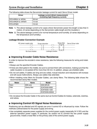 Chapter 3
3-35
System Design and Installation
The following table shows the Servomotor leakage current for each Servo Driver model.
Note 1. The above leakage current is for cases where Servomotor power line length is less than 5
meters. (It varies depending on the Servomotor cable length and the insulation.)
Note 2. The above leakage current is for normal temperature and humidity. (It varies depending on
the temperature and humidity.)
Leakage Breaker Connection Example
■ Improving Encoder Cable Noise Resistance
In order to improve the encoder’s noise resistance, take the following measures for wiring and instal-
lation.
• Always use the specified Encoder Cables.
• If lines are interrupted in the middle, be sure to connect them with connectors, making sure that the
cable insulation is not peeled off for more than 50 mm. In addition, always use shielded cable.
• Do not coil cables. If cables are long and are coiled, mutual induction and inductance will increase
and will cause malfunctions. Always use cables fully extended.
• When installing noise filters for Encoder Cables, use clamp filters. The following table shows the
recommended clamp filter models.
• Do not place the Encoder Cable in the same duct as Control Cables for brakes, solenoids, clutches,
and valves.
■ Improving Control I/O Signal Noise Resistance
Positioning can be affected and I/O signals can error if control I/O is influenced by noise. Follow the
methods outlined below for the power supply and wiring.
• Use completely separate power supplies for the control power supply (especially 24 V DC) and the
external operation power supply. In particular, be careful not to connect the two power supply
ground wires. Install a noise filter on the primary side of the control power supply.
Driver Leakage current (direct measurement)
(including high-frequency current)
R7D-APA3L to -AP04L 29 mA
R7D-APA3H to -AP04H 14 mA
R7D-AP08H 16 mA
Maker Name Model
Tokin EMI core ESD-SR-25
TDK Clamp filter ZCAT2032-0930
ZCAT3035-1330
ZCAT2035-0930A
AC power supply side
No-fuse breaker
Surge absorber
Leakage breaker
Noise filter Servo Driver side
1
2
3
4
5
6E
NF
 