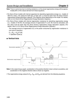 Chapter 3
3-38
System Design and Installation
Note There is some loss due to winding resistance, so the actual regenerative energy will be approx-
imately 90% of the values derived from these equations.
• For Servo Driver models with internal capacitors for absorbing regenerative energy (i.e., models of
400 W or less.), the values for both Eg1 or Eg2 (unit: J) must be lower than the Servo Driver’s
regenerative energy absorption capacity. (The capacity varies depending on the model. For details,
refer to 3-3-2 Servo Driver Regenerative Energy Absorption Capacity.)
• For Servo Driver models with internal regeneration resistance for absorbing regenerative energy
(i.e., models of 750 W), the average amount of regeneration Pr (unit: W) must be calculated, and
this value must be lower than the Servo Driver’s regenerative energy absorption capacity. (For
details, refer to 3-3-2 Servo Driver Regenerative Energy Absorption Capacity.)
The average amount of regeneration (Pr) is the power consumed by regeneration resistance in
one cycle of operation.
Pr = (Eg1 + Eg2)/T [W]
T: Operation cycle [s]
■ Vertical Axis
Note In the output torque graph, acceleration in the positive direction (rise) is shown as positive, and
acceleration in the negative direction (fall) is shown as negative.
• The regenerative energy values for Eg1, Eg2, and Eg3 are derived from the following equations.
Fall
Rise
Servomotor operation
Servomotor output torque
+N1
−N2
t1 t2 t3
T
Eg1
Eg3Eg3
TD2
TL2
TD1
Eg2
 