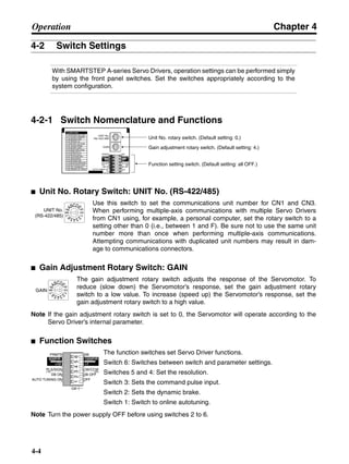 Chapter 4
4-4
Operation
4-2 Switch Settings
With SMARTSTEP A-series Servo Drivers, operation settings can be performed simply
by using the front panel switches. Set the switches appropriately according to the
system configuration.
4-2-1 Switch Nomenclature and Functions
■ Unit No. Rotary Switch: UNIT No. (RS-422/485)
Use this switch to set the communications unit number for CN1 and CN3.
When performing multiple-axis communications with multiple Servo Drivers
from CN1 using, for example, a personal computer, set the rotary switch to a
setting other than 0 (i.e., between 1 and F). Be sure not to use the same unit
number more than once when performing multiple-axis communications.
Attempting communications with duplicated unit numbers may result in dam-
age to communications connectors.
■ Gain Adjustment Rotary Switch: GAIN
The gain adjustment rotary switch adjusts the response of the Servomotor. To
reduce (slow down) the Servomotor’s response, set the gain adjustment rotary
switch to a low value. To increase (speed up) the Servomotor’s response, set the
gain adjustment rotary switch to a high value.
Note If the gain adjustment rotary switch is set to 0, the Servomotor will operate according to the
Servo Driver’s internal parameter.
■ Function Switches
The function switches set Servo Driver functions.
Switch 6: Switches between switch and parameter settings.
Switches 5 and 4: Set the resolution.
Switch 3: Sets the command pulse input.
Switch 2: Sets the dynamic brake.
Switch 1: Switch to online autotuning.
Note Turn the power supply OFF before using switches 2 to 6.
Unit No. rotary switch. (Default setting: 0.)
Gain adjustment rotary switch. (Default setting: 4.)
Function setting switch. (Default setting: all OFF.)
012
345
6789A
BCDE
F
UNIT No.
(RS-422/485)
012
345
6789A
BCDE
F
GAIN
123456
PRMTR
PLS/SIGN
DB ON
AUTO TUNING ON
SW
CW/CCW
DB OFF
OFF
500P/R
×10 ×1
1000P/R
O
N
(1P) (2P)
 