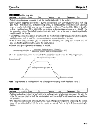 Chapter 4
4-19
Operation
• Adjust the position loop response to suit the mechanical rigidity of the system.
• Servo system response is determined by the position loop gain. Servo systems with a high loop
gain have a high response, and positioning is fast. To increase the position loop gain, you must
improve mechanical rigidity and increase the specific oscillation. This should be 50 to 70 (1/s) for
ordinary machine tools, 30 to 50 (1/s) for general-use and assembly machines, and 10 to 30 (1/s)
for production robots. The default position loop gain is 40 (1/s), so be sure to lower the setting for
machines with low rigidity.
• Raising the position loop gain in systems with low mechanical rigidity or systems with low specific
oscillation may result in machine resonance, causing an overload alarm to occur.
• If the position loop gain is low, you can shorten the positioning time using feed forward. You can
also shorten the positioning time using the bias function.
• Position loop gain is generally expressed as follows.
When the position loop gain is manipulated, the response is as shown in the following diagram.
Note This parameter is enabled only if the gain adjustment rotary switch has been set to 0.
• Set the mechanical system inertia (load inertia for Servomotor shaft conversion) using the ratio (%)
of the Servomotor rotor inertia. If the inertia ratio is set incorrectly, Pn100 (speed loop gain) will also
be incorrect.
• This parameter is the initial online autotuning value. After performing online autotuning, the correct
value will be written to Pn103 if the tuning results are saved. Refer to 4-5-1 Online Autotuning for
details.
Pn102 Position loop gain
Settings 1 to 2000 Unit 1/s Default 40 Restart? ---
Pn103 Inertia ratio
Settings 0 to 10000 Unit % Default 300 Restart? ---
Position loop gain (Kp) = (1/s)
Command pulse frequency (pulses/s)
Deviation counter residual pulses (pulses)
Servomotor speed
Time
When position loop gain is high.
When position loop gain is low.
 