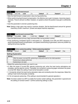 Chapter 4
4-20
Operation
• Sets the feed-forward compensation value during positioning.
• When performing feed-forward compensation, the effective servo gain increases, improving respon-
siveness. There is almost no effect, however, on systems where the position loop gain is sufficiently
high.
• Use this parameter to shorten positioning time.
Note Setting a high value may result in machine vibration. Set the feed-forward amount for general
machinery to 80% maximum. (Check and adjust machine response.)
• Sets the feed-forward primary (lag) command filter during position control.
• If the positioning completed signal is interrupted (i.e., repeatedly turns ON and OFF) because of
performing feed-forward compensation, and speed overshooting is generated, solve the problem by
setting the primary lag filter.
Setting Explanation
• Select the autotuning function you want to use.
• 0: After the power is turned ON, execute autotuning and, when the load inertia calculations are
complete, use the data for control. Thereafter, do not perform autotuning again whenever the power
is turned ON. Make this setting if load inertia fluctuation is small.
• 1: Constantly refresh the load inertia calculation data and constantly store the responses. Make this
setting if load inertia fluctuates constantly.
• 2: Do not execute autotuning. (This setting is recommended for general operation.)
Note If function switch 6 is OFF to enable the function switch settings, this parameter is ignored and
the setting on function switch 1 (online autotuning setting) is used.
Pn109 Feed-forward amount
Settings 0 to 100 Unit % Default 0 Restart? ---
Pn10A Feed-forward command filter
Settings 0 to 6400 Unit ×0.01 ms Default 0 Restart? ---
Pn110.0 Online autotuning setting – Online autotuning selection
Settings 0 to 2 Unit --- Default 2 Restart? Yes
Setting Explanation
0 After the power is turned ON, autotuning is only performed for the initial operation.
1 Autotuning is always performed.
2 Autotuning is not used.
 