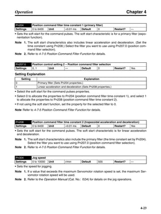 Chapter 4
4-23
Operation
• Sets the soft start for the command pulses. The soft start characteristic is for a primary filter (expo-
nentiation function).
Note 1. The soft start characteristics also includes linear acceleration and deceleration. (Set the
time constant using Pn208.) Select the filter you want to use using Pn207.0 (position com-
mand filter selection).
Note 2. Refer to 4-7-5 Position Command Filter Function for details.
Setting Explanation
• Select the soft start for the command pulses properties.
• Select 0 to allocate the properties to Pn204 (position command filter time constant 1), and select 1
to allocate the properties to Pn208 (position command filter time constant 2).
• If not using the soft start function, set the property for the selected filter to 0.
Note Refer to 4-7-5 Position Command Filter Function for details.
• Sets the soft start for the command pulses. The soft start characteristic is for linear acceleration
and deceleration.
Note 1. The soft start characteristics also include the primary filter (the time constant set by Pn204).
Select the filter you want to use using Pn207.0 (position command filter selection).
Note 2. Refer to 4-7-5 Position Command Filter Function for details.
• Sets the speed for jogging.
Note 1. If a value that exceeds the maximum Servomotor rotation speed is set, the maximum Ser-
vomotor rotation speed will be used.
Note 2. Refer to the Operation Manual (Cat. No.: I534) for details on the jog operations.
Pn204 Position command filter time constant 1 (primary filter)
Settings 0 to 6400 Unit ×0.01 ms Default 0 Restart? ---
Pn207.0 Position control setting 2 – Position command filter selection
Settings 0, 1 Unit --- Default 0 Restart? Yes
Setting Explanation
0 Primary filter (Sets Pn204 properties.)
1 Linear acceleration and deceleration (Sets Pn208 properties.)
Pn208 Position command filter time constant 2 (trapezoidal acceleration and deceleration)
Settings 0 to 6400 Unit ×0.01 ms Default 0 Restart? Yes
Pn304 Jog speed
Settings 0 to 10000 Unit r/min Default 500 Restart? ---
 