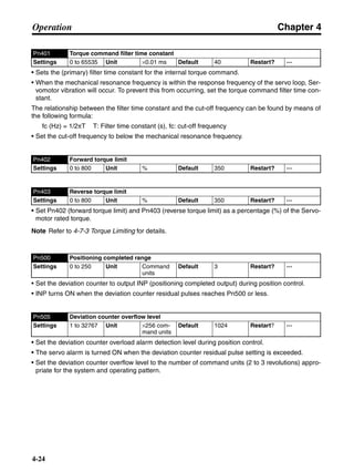 Chapter 4
4-24
Operation
• Sets the (primary) filter time constant for the internal torque command.
• When the mechanical resonance frequency is within the response frequency of the servo loop, Ser-
vomotor vibration will occur. To prevent this from occurring, set the torque command filter time con-
stant.
The relationship between the filter time constant and the cut-off frequency can be found by means of
the following formula:
fc (Hz) = 1/2πT T: Filter time constant (s), fc: cut-off frequency
• Set the cut-off frequency to below the mechanical resonance frequency.
• Set Pn402 (forward torque limit) and Pn403 (reverse torque limit) as a percentage (%) of the Servo-
motor rated torque.
Note Refer to 4-7-3 Torque Limiting for details.
• Set the deviation counter to output INP (positioning completed output) during position control.
• INP turns ON when the deviation counter residual pulses reaches Pn500 or less.
• Set the deviation counter overload alarm detection level during position control.
• The servo alarm is turned ON when the deviation counter residual pulse setting is exceeded.
• Set the deviation counter overflow level to the number of command units (2 to 3 revolutions) appro-
priate for the system and operating pattern.
Pn401 Torque command filter time constant
Settings 0 to 65535 Unit ×0.01 ms Default 40 Restart? ---
Pn402 Forward torque limit
Settings 0 to 800 Unit % Default 350 Restart? ---
Pn403 Reverse torque limit
Settings 0 to 800 Unit % Default 350 Restart? ---
Pn500 Positioning completed range
Settings 0 to 250 Unit Command
units
Default 3 Restart? ---
Pn505 Deviation counter overflow level
Settings 1 to 32767 Unit ×256 com-
mand units
Default 1024 Restart? ---
 