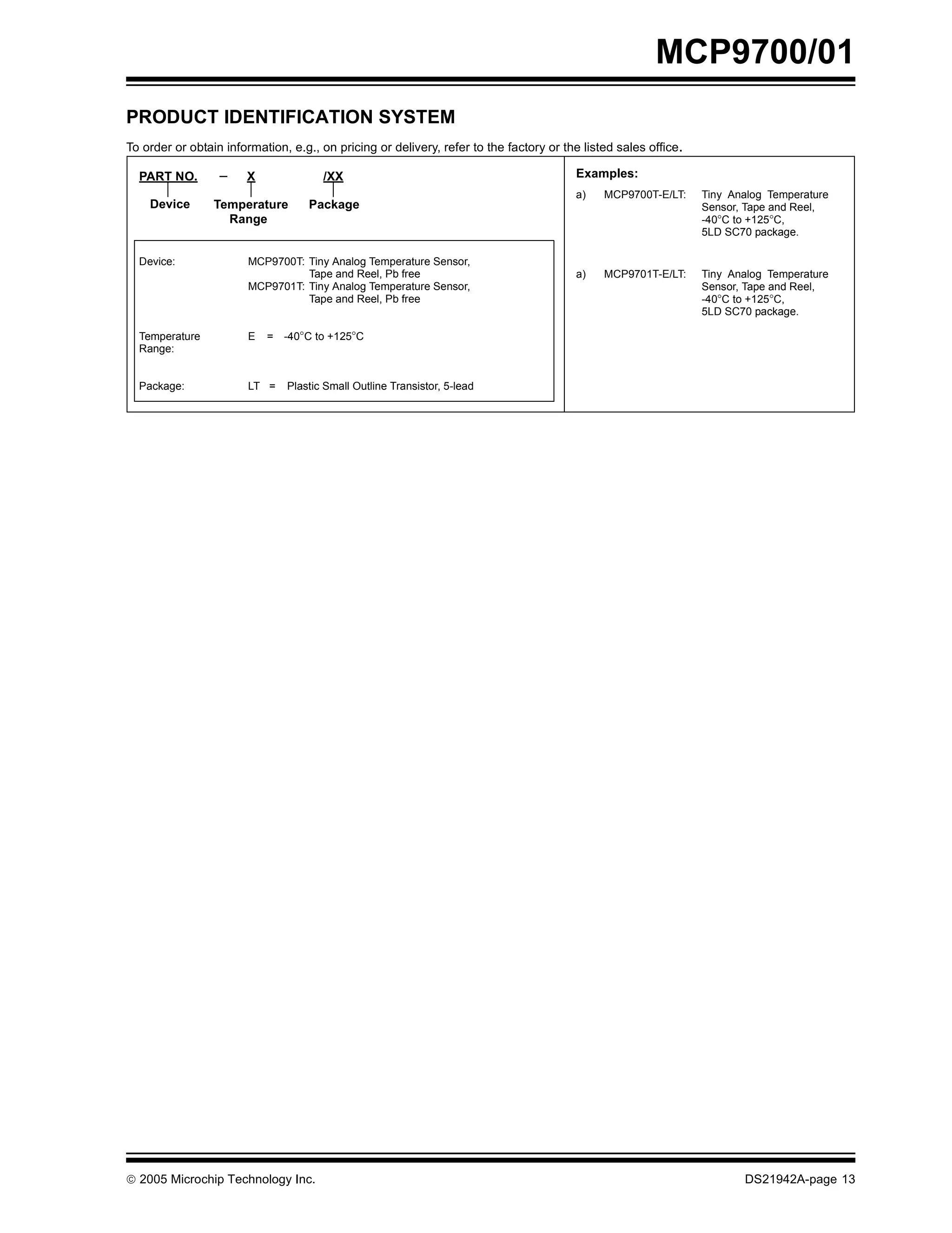 MCP9700/01
PRODUCT IDENTIFICATION SYSTEM
To order or obtain information, e.g., on pricing or delivery, refer to the factory or the listed sales office.
PART NO. – X /XX Examples:
a) MCP9700T-E/LT: Tiny Analog Temperature
Device Temperature Package Sensor, Tape and Reel,
Range -40°C to +125°C,
5LD SC70 package.
Device: MCP9700T: Tiny Analog Temperature Sensor,
Tape and Reel, Pb free a) MCP9701T-E/LT: Tiny Analog Temperature
MCP9701T: Tiny Analog Temperature Sensor, Sensor, Tape and Reel,
Tape and Reel, Pb free -40°C to +125°C,
5LD SC70 package.
Temperature E = -40°C to +125°C
Range:
Package: LT = Plastic Small Outline Transistor, 5-lead
© 2005 Microchip Technology Inc. DS21942A-page 13