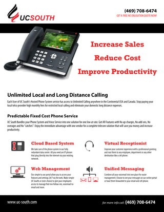for more info call: (469) 708-6474
Increase Sales
Reduce Cost
Improve Productivity
Cloud Based System Virtual Receptionist
Web Management Unified Messaging
 