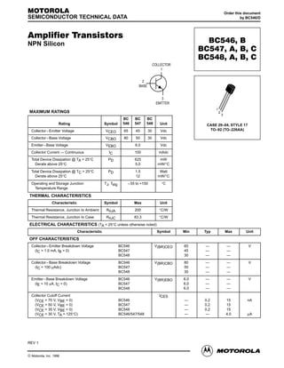 1Motorola Small–Signal Transistors, FETs and Diodes Device Data
Amplifier Transistors
NPN Silicon
MAXIMUM RATINGS
Rating Symbol
BC
546
BC
547
BC
548 Unit
Collector–Emitter Voltage VCEO 65 45 30 Vdc
Collector–Base Voltage VCBO 80 50 30 Vdc
Emitter–Base Voltage VEBO 6.0 Vdc
Collector Current — Continuous IC 100 mAdc
Total Device Dissipation @ TA = 25°C
Derate above 25°C
PD 625
5.0
mW
mW/°C
Total Device Dissipation @ TC = 25°C
Derate above 25°C
PD 1.5
12
Watt
mW/°C
Operating and Storage Junction
Temperature Range
TJ, Tstg –55 to +150 °C
THERMAL CHARACTERISTICS
Characteristic Symbol Max Unit
Thermal Resistance, Junction to Ambient RqJA 200 °C/W
Thermal Resistance, Junction to Case RqJC 83.3 °C/W
ELECTRICAL CHARACTERISTICS (TA = 25°C unless otherwise noted)
Characteristic Symbol Min Typ Max Unit
OFF CHARACTERISTICS
Collector–Emitter Breakdown Voltage BC546
(IC = 1.0 mA, IB = 0) BC547
BC548
V(BR)CEO 65
45
30
—
—
—
—
—
—
V
Collector–Base Breakdown Voltage BC546
(IC = 100 µAdc) BC547
BC548
V(BR)CBO 80
50
30
—
—
—
—
—
—
V
Emitter–Base Breakdown Voltage BC546
(IE = 10 mA, IC = 0) BC547
BC548
V(BR)EBO 6.0
6.0
6.0
—
—
—
—
—
—
V
Collector Cutoff Current
(VCE = 70 V, VBE = 0) BC546
(VCE = 50 V, VBE = 0) BC547
(VCE = 35 V, VBE = 0) BC548
(VCE = 30 V, TA = 125°C) BC546/547/548
ICES
—
—
—
—
0.2
0.2
0.2
—
15
15
15
4.0
nA
µA
Order this document
by BC546/D
MOTOROLA
SEMICONDUCTOR TECHNICAL DATA
BC546, B
BC547, A, B, C
BC548, A, B, C
CASE 29–04, STYLE 17
TO–92 (TO–226AA)
1
2
3
© Motorola, Inc. 1996
COLLECTOR
1
2
BASE
3
EMITTER
REV 1
 