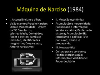 Máquina de Narciso (1984)
• I. A consciência e o olhar;      • II. Mutação econômica
• Visão e amor; Freud e Narciso;   • Acumulação e modernidade;
  Olho e Modernidade; Ordem          Publicidade e informação;
  da TV; Simulacros;                 Versão socialista; Periferia do
  telerrealidade; Conteúdos;         sistema; Acumulação BR;
  Poder e efeitos; Família e         Jornalismo e política; TV e
  indivíduo; Identificações          Consumo; Estado e
  imaginárias; Droga e sexo;         propaganda;
  Amor e narcisismo;               • III. Nova política
                                   • Cultura para o consumo;
                                     Política e organização;
                                     Informação e Visibilidade;
                                     Poder decisório
 
