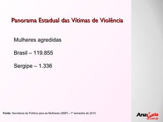 Panorama Estadual das Vítimas de Violência Mulheres agredidas Brasil – 119.855 Sergipe – 1.336 Fonte:  Secretaria de Política para as Mulheres (SMP) - 1º semestre de 2010 