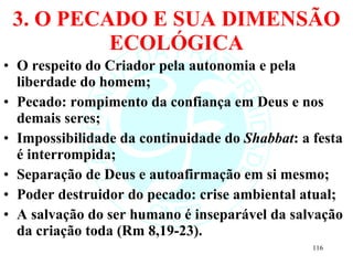 3. O PECADO E SUA DIMENSÃO ECOLÓGICA O respeito do Criador pela autonomia e pela liberdade do homem; Pecado: rompimento da confiança em Deus e nos demais seres; Impossibilidade da continuidade do  Shabbat : a festa é interrompida; Separação de Deus e autoafirmação em si mesmo; Poder destruidor do pecado: crise ambiental atual; A salvação do ser humano é inseparável da salvação da criação toda (Rm 8,19-23). 