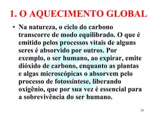 1. O AQUECIMENTO GLOBAL Na natureza, o ciclo do carbono transcorre de modo equilibrado. O que é emitido pelos processos vitais de alguns seres é absorvido por outros. Por exemplo, o ser humano, ao expirar, emite dióxido de carbono, enquanto as plantas e algas microscópicas o absorvem pelo processo de fotossíntese, liberando oxigênio, que por sua vez é essencial para a sobrevivência do ser humano. 