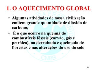 1. O AQUECIMENTO GLOBAL Algumas atividades de nossa civilização emitem grande quantidade de dióxido de carbono; É o que ocorre na queima de combustíveis fósseis (carvão, gás e petróleo), na derrubada e queimada de florestas e nas alterações do uso do solo 