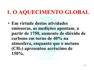 1. O AQUECIMENTO GLOBAL Em virtude destas atividades emissoras, as medições apontam, a partir de 1750, aumento de dióxido de carbono em torno de 40% na atmosfera, enquanto que o metano (CH₄) apresentou acréscimo de 150%. 