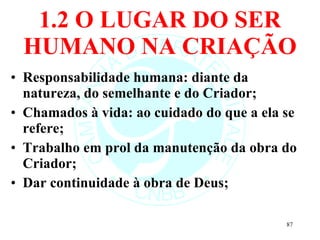 1.2 O LUGAR DO SER HUMANO NA CRIAÇÃO Responsabilidade humana: diante da natureza, do semelhante e do Criador; Chamados à vida: ao cuidado do que a ela se refere; Trabalho em prol da manutenção da obra do Criador; Dar continuidade à obra de Deus; 