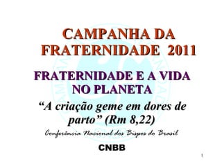 CAMPANHA DA FRATERNIDADE  2011 FRATERNIDADE E A VIDA NO PLANETA “ A criação geme em dores de parto” (Rm 8,22) Conferência Nacional dos Bispos do Brasil  CNBB 