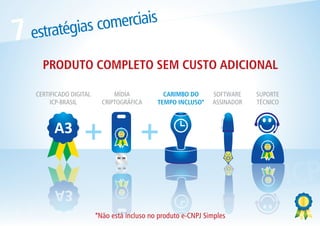 ias comerciais
7   estratég
      PRODUTO COMPLETO SEM CUSTO ADICIONAL

    CERTIFICADO DIGITAL         MÍDIA           CARIMBO DO      SOFTWARE    SUPORTE
         ICP-BRASIL         CRIPTOGRÁFICA     TEMPO INCLUSO*    ASSINADOR   TÉCNICO




                    +                   +
            ESOCIAL ICP
CONECTIVIDAD              *Não está incluso no produto e-CNPJ Simples
 