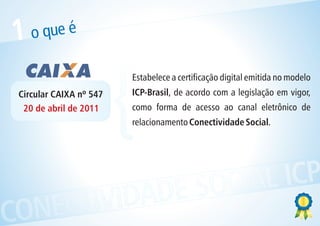 1   o que é


 Circular CAIXA nº 547
  20 de abril de 2011
                         {
                         Estabelece a certificação digital emitida no modelo
                         ICP-Brasil, de acordo com a legislação em vigor,
                         como forma de acesso ao canal eletrônico de
                         relacionamento Conectividade Social.




            ESOCIAL ICP
CONECTIVIDAD
 