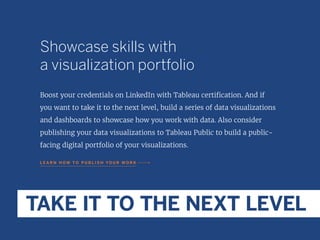 Showcase skills with
a visualization portfolio
Boost your credentials on LinkedIn with Tableau certification. And if
you w...