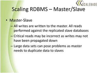 Scaling RDBMS – Master/SlaveMaster-SlaveAll writes are written to the master. All reads performed against the replicated slave databasesCritical reads may be incorrect as writes may not have been propagated downLarge data sets can pose problems as master needs to duplicate data to slaves