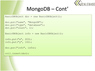MongoDB – Cont’BasicDBObjectdoc = new BasicDBObject();doc.put("name", "MongoDB");doc.put("type", "database");doc.put("count", 1);BasicDBObject info = new BasicDBObject();info.put("x", 203);info.put("y", 102);doc.put("info", info);coll.insert(doc);