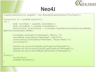 Neo4JGraphDatabaseServicegraphDb = new EmbeddedGraphDatabase("var/base");Transaction tx = graphDb.beginTx();try {	Node firstNode = graphDb.createNode();	Node secondNode = graphDb.createNode();	Relationship relationship = firstNode.createRelationshipTo(secondNode, MyRelationshipTypes.KNOWS);firstNode.setProperty("message", "Hello, ");secondNode.setProperty("message", "world!");relationship.setProperty("message", "brave Neo4j ");tx.success();System.out.print(firstNode.getProperty("message"));System.out.print(relationship.getProperty("message"));System.out.print(secondNode.getProperty("message"));}finally {tx.finish();graphDb.shutdown();}
