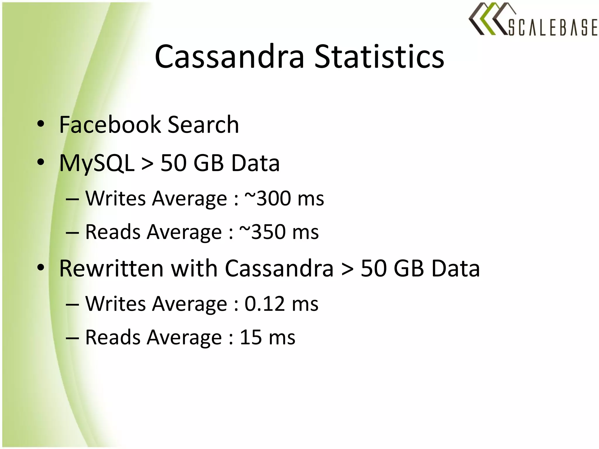 Cassandra Statistics
• Facebook Search
• MySQL > 50 GB Data
  – Writes Average : ~300 ms
  – Reads Average : ~350 ms
• Rewritten with Cassandra > 50 GB Data
  – Writes Average : 0.12 ms
  – Reads Average : 15 ms
 