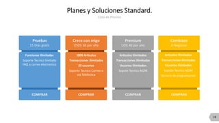 18
Planes y Soluciones Standard.
Lista de Precios
Pruebas
15 Dias gratis
COMPRAR
Crece con migo
USD$ 30 por año
COMPRAR
Premium
UD$ 40 por año
COMPRAR
Cambiazo
A Negociar
COMPRAR
Funciones Ilimitadas
Soporte Tecnico limitado
FAQ o correo electronico
1000 Articulos
Transacciones Ilimitadas
20 usuarios
Soporte Tecnico Correo o
via Telefonica
Articulos Ilimitados
Transacciones Ilimitadas
Usuarios Ilimitados
Sopote Tecnico M2M
Articulos Ilimitados
Transacciones Ilimitadas
Usuarios Ilimitados
Sopote Tecnico M2M
Servicio de programacion
 