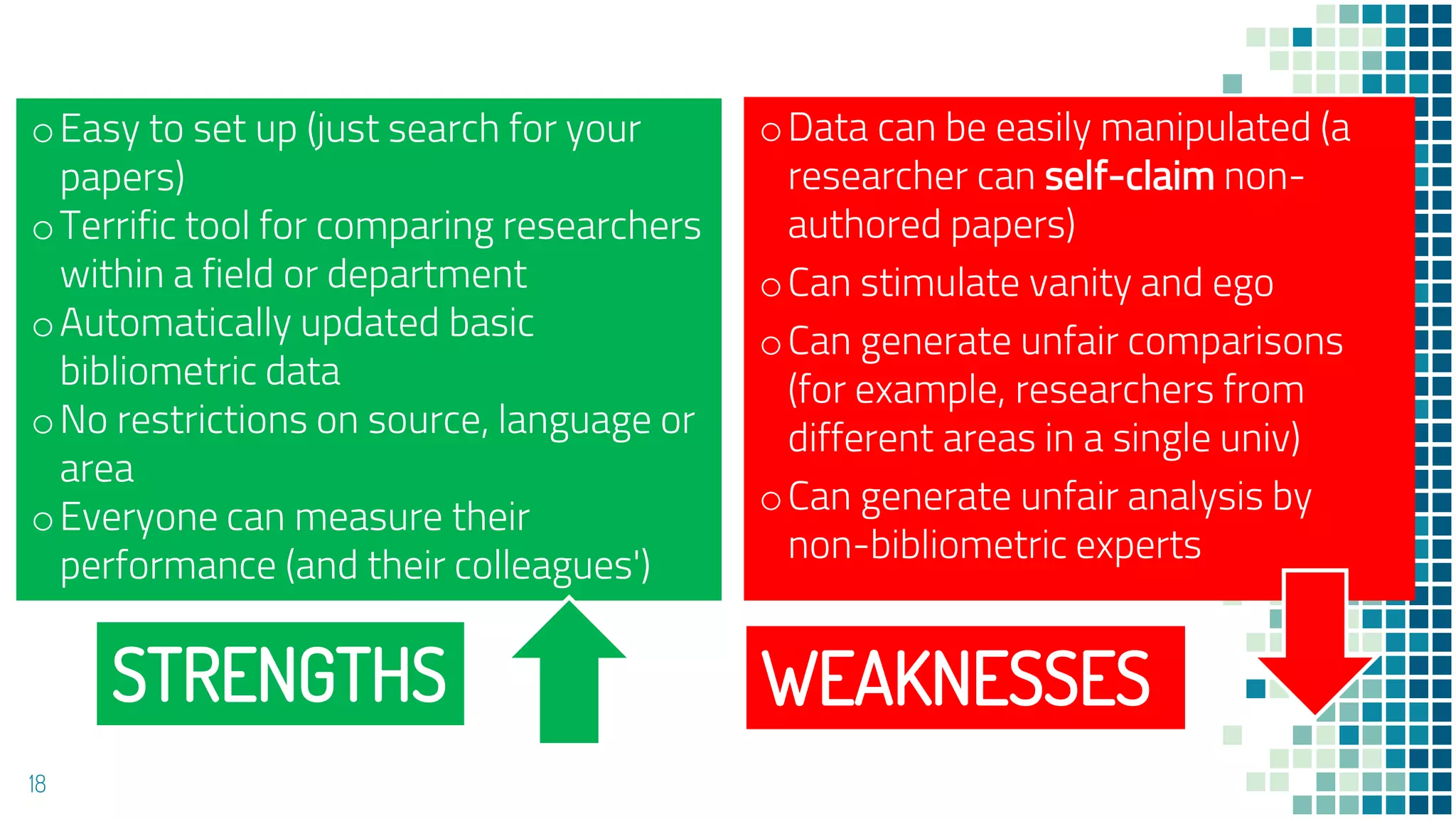18
oEasy to set up (just search for your
papers)
oTerrific tool for comparing researchers
within a field or department
oAutomatically updated basic
bibliometric data
oNo restrictions on source, language or
area
oEveryone can measure their
performance (and their colleagues')
oData can be easily manipulated (a
researcher can self-claim non-
authored papers)
oCan stimulate vanity and ego
oCan generate unfair comparisons
(for example, researchers from
different areas in a single univ)
oCan generate unfair analysis by
non-bibliometric experts
STRENGTHS WEAKNESSES
 