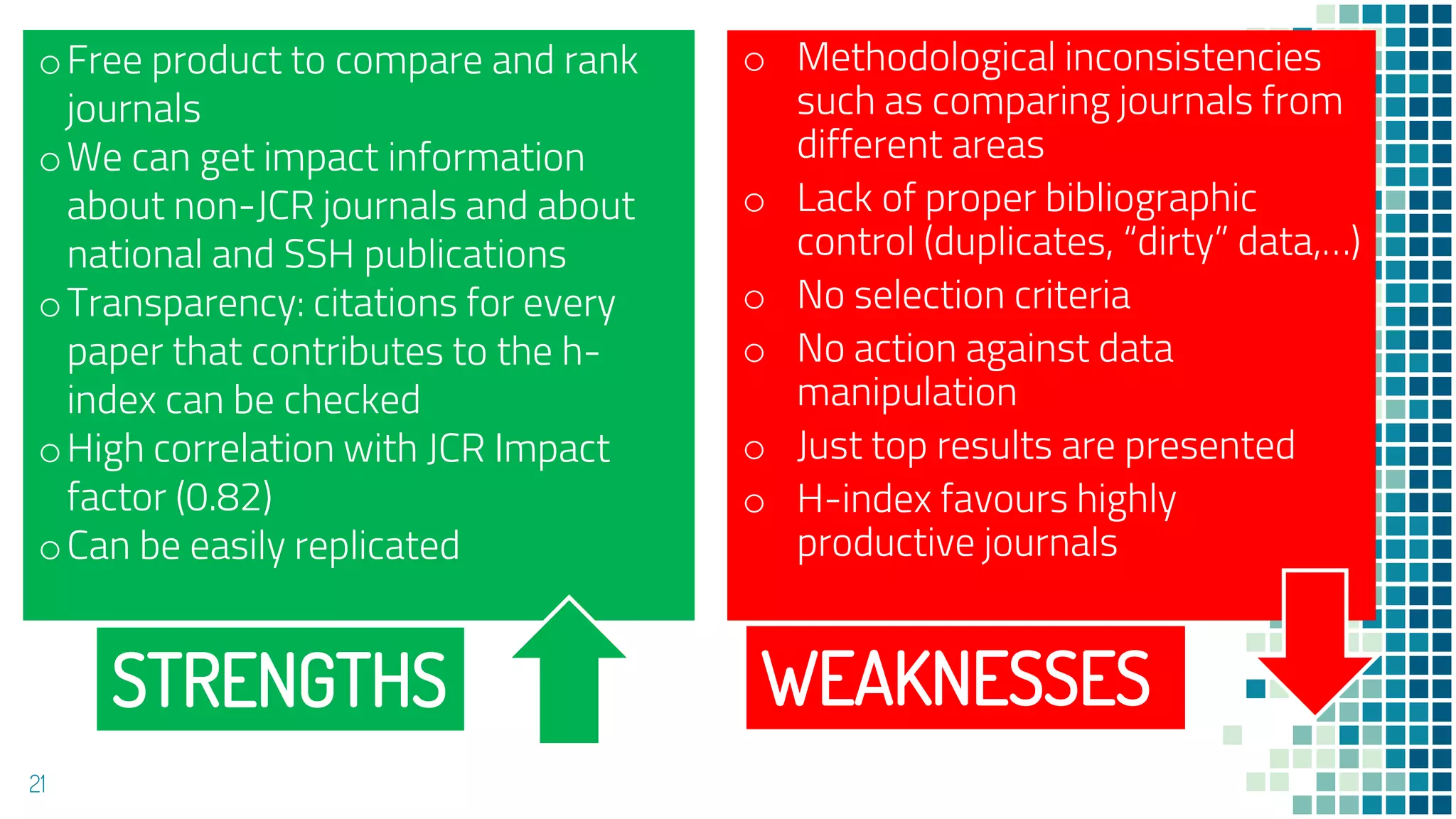 21
oFree product to compare and rank
journals
oWe can get impact information
about non-JCR journals and about
national and SSH publications
oTransparency: citations for every
paper that contributes to the h-
index can be checked
oHigh correlation with JCR Impact
factor (0.82)
oCan be easily replicated
o Methodological inconsistencies
such as comparing journals from
different areas
o Lack of proper bibliographic
control (duplicates, “dirty” data,…)
o No selection criteria
o No action against data
manipulation
o Just top results are presented
o H-index favours highly
productive journals
STRENGTHS WEAKNESSES
 