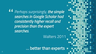 “Perhaps surprisingly, the simple
searches in Google Scholar had
consistently higher recall and
precision than the expert
...