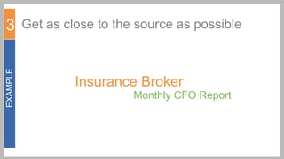 EXAMPLE

3 Get as close to the source as possible
Insurance Intermediary

Insurance Broker

Monthly CFO Report

Data sourced from manual
spreadsheet
Time consuming and risky

Monthly CFO Report

 