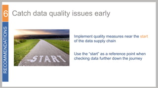 RECOMMENDATIONS

6 Catch data quality issues early
Implement quality measures near the start
of the data supply chain
Use the “start” as a reference point when
checking data further down the journey

 